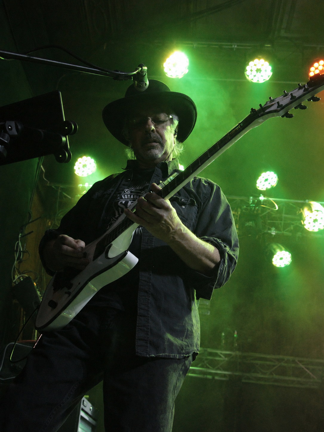 Ted playing guitar under green stage lights